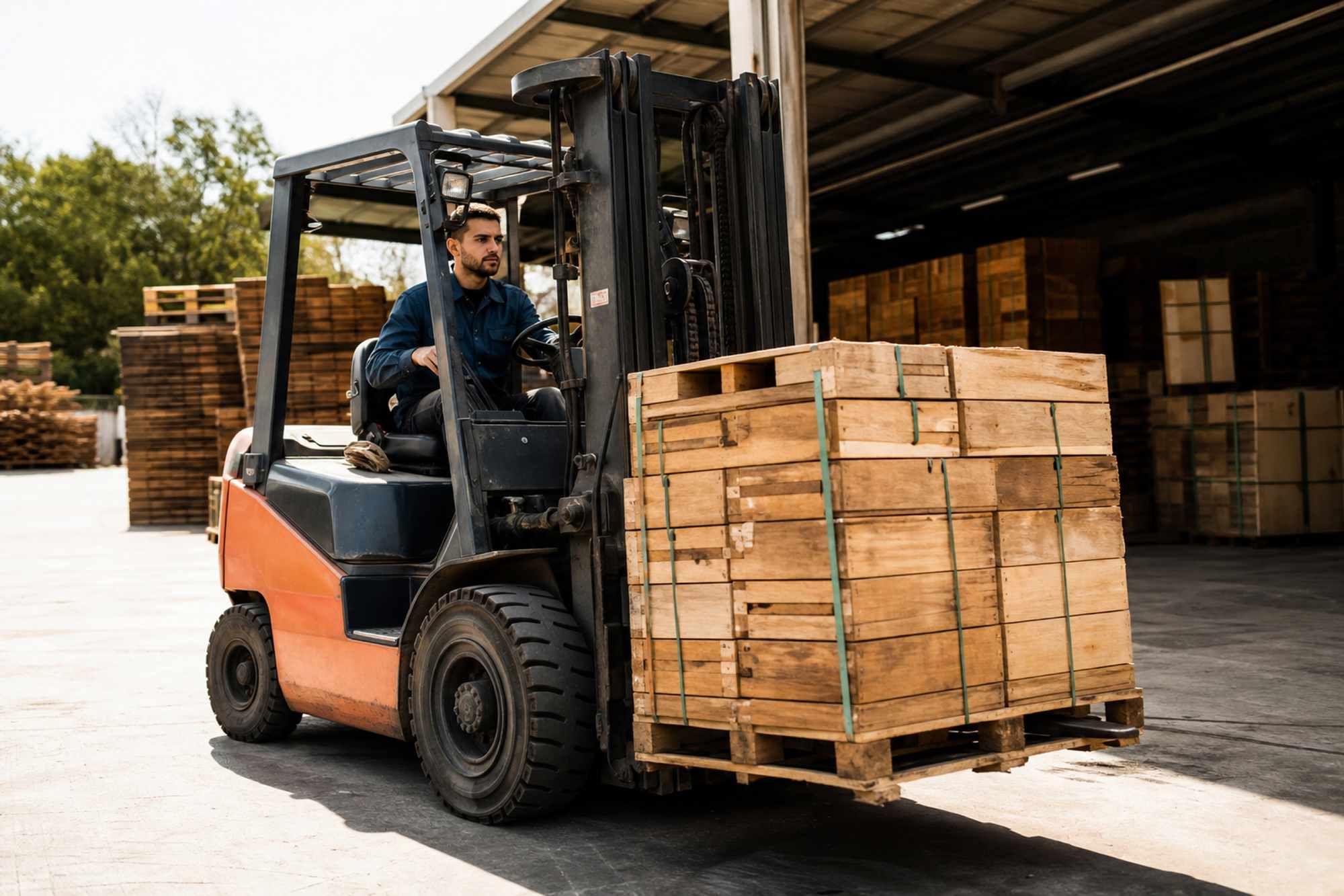Forklift lifting a heavy pallet in a warehouse